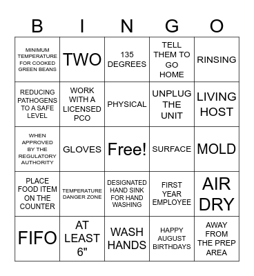 FOOD SAFETY BINGO Card