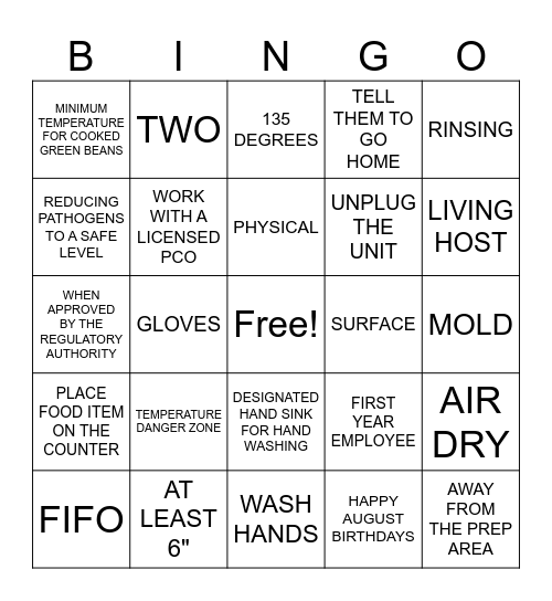 FOOD SAFETY BINGO Card