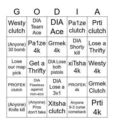 Diamant Esports VS Trashcan Bingo Card