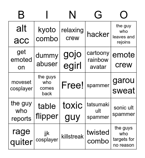 tsb Bingo Card