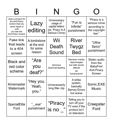 Generic Anti-Piracy Screen Bingo Card