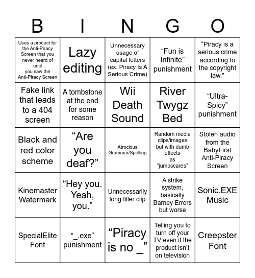 Generic Anti-Piracy Screen Bingo Card