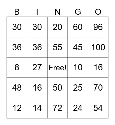 Multiplication Bingo Card