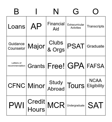 College Access Bingo Card