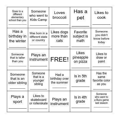 Classmate Scavenger Hunt Bingo Card