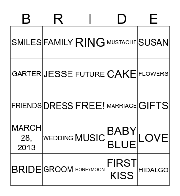 SUSAN'S BRIDAL SHOWER Bingo Card
