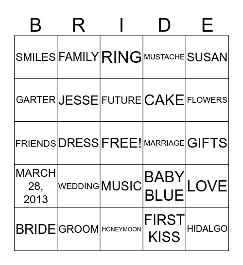 SUSAN'S BRIDAL SHOWER Bingo Card