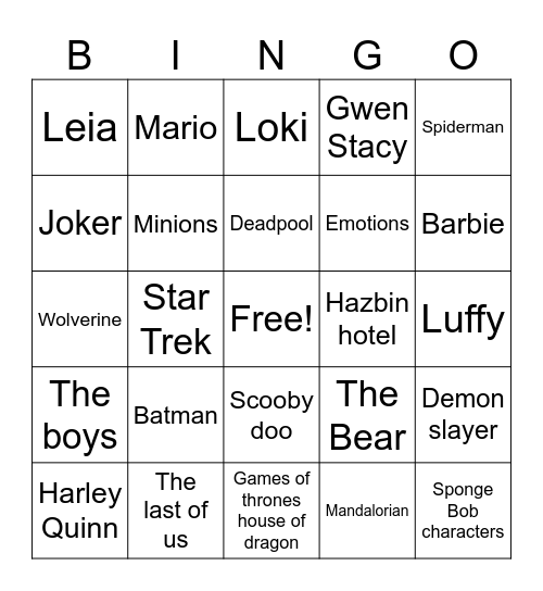 Comic con Bingo Card