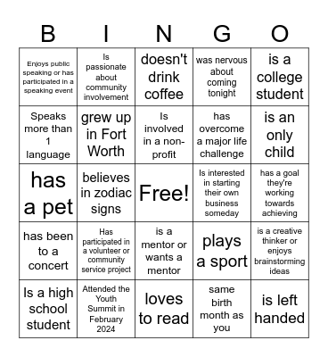 YSC Bingo Card