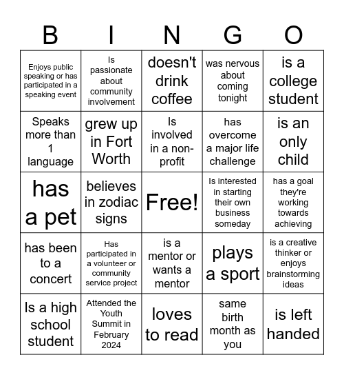 YSC Bingo Card