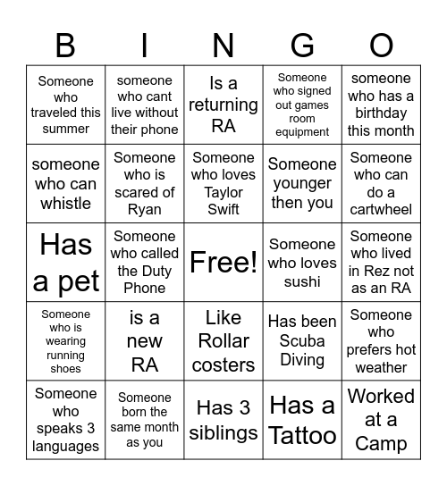 RA BINGO 2024-2025 Bingo Card