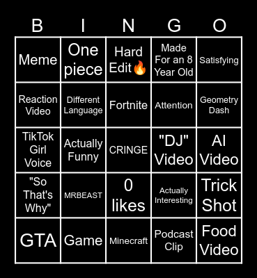 YouTube Shorts Bingo Card