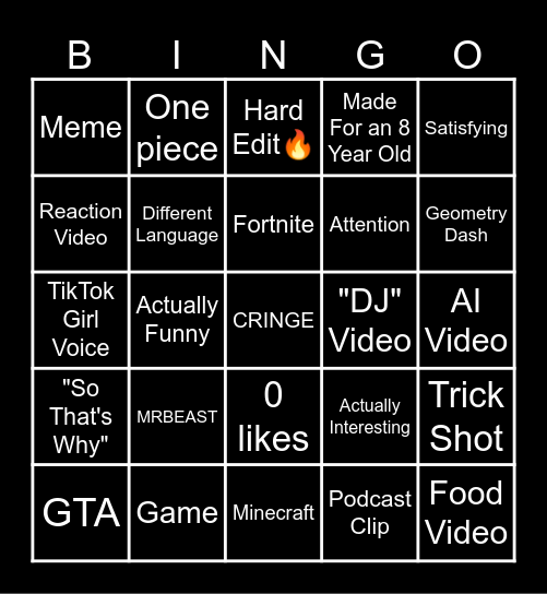 YouTube Shorts Bingo Card