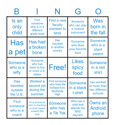 New Teacher Meet & Greet Bingo Card