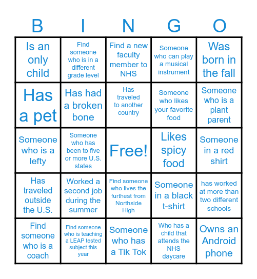 New Teacher Meet & Greet Bingo Card