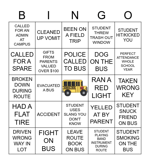 BUS BARN BINGO Card