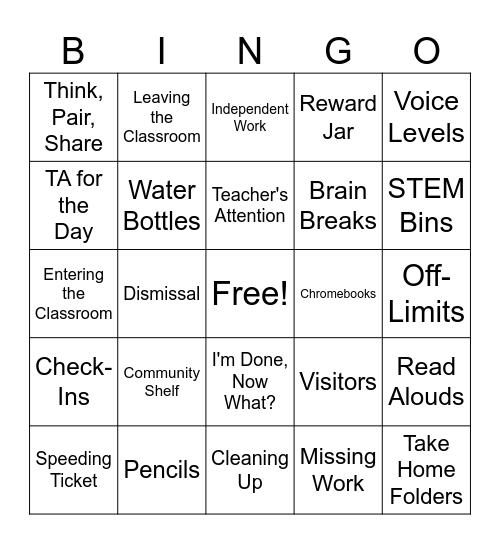 Routines, Procedures, and Expectations Bingo Card