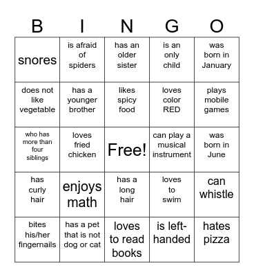 GETTING TO KNOW YOU Bingo Card