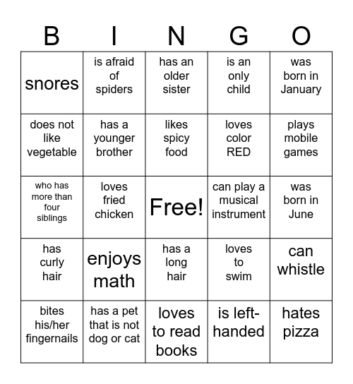 GETTING TO KNOW YOU Bingo Card