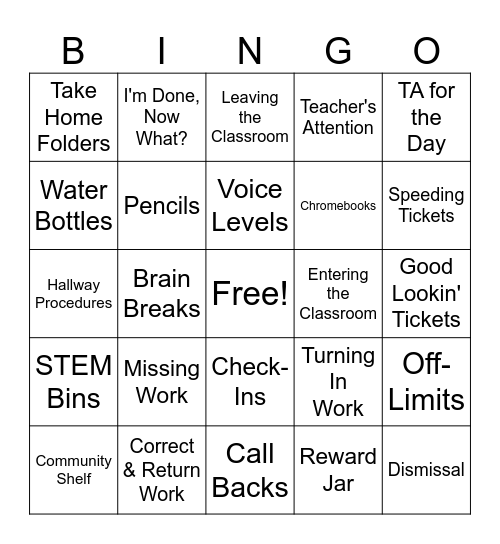 Routines, Procedures, and Expectations Bingo Card