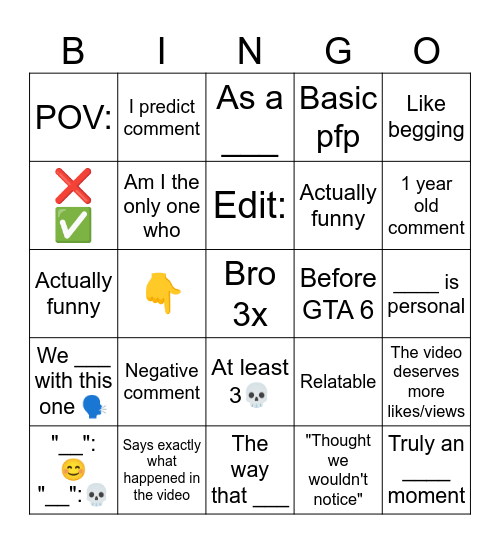 YT Shorts bingo Card