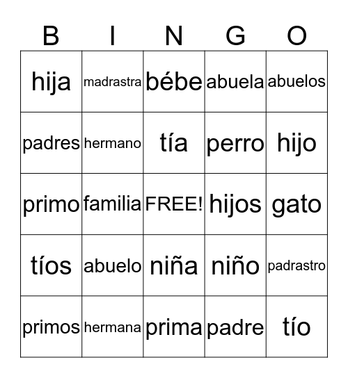Family Vocabulary Bingo Card