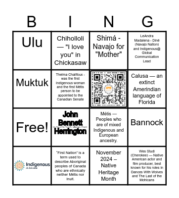 Indiginous Bingo! Bingo Card