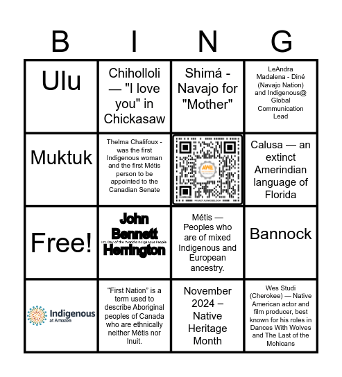 Indiginous Bingo! Bingo Card