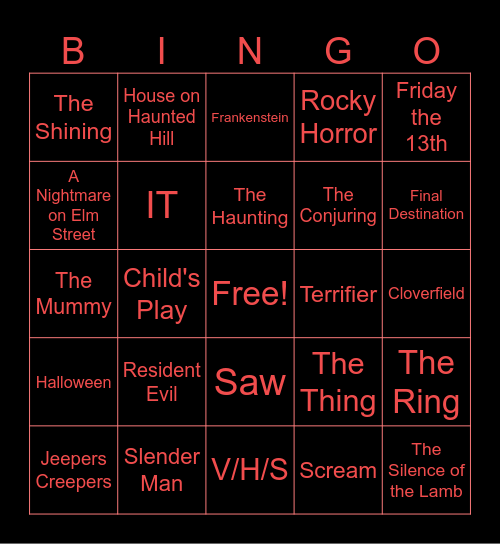 Horror Movie Bingo Card