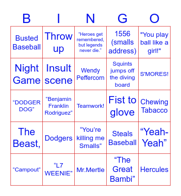 The Sandlot Bingo Card