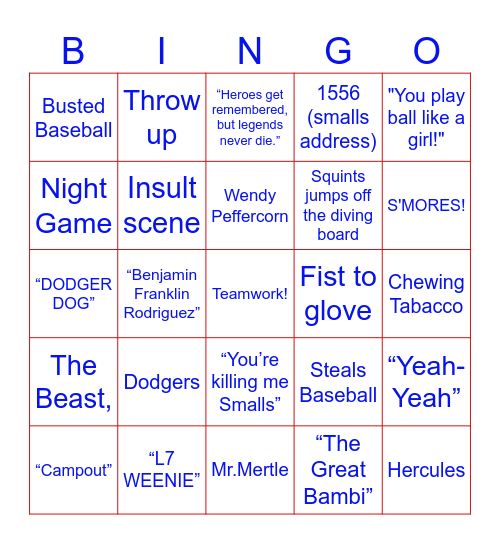 The Sandlot Bingo Card