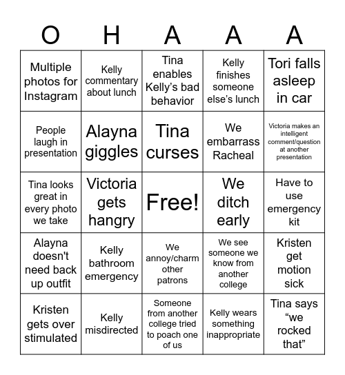 OHAAA Bingo Card