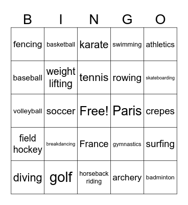 Summer Olympic BINGO Card