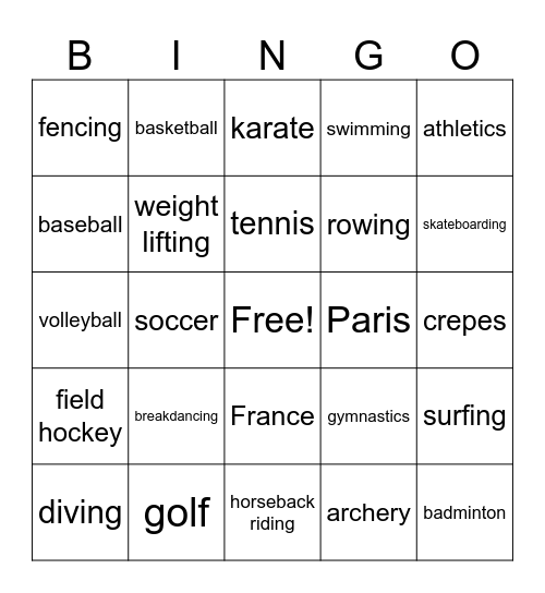 Summer Olympic BINGO Card