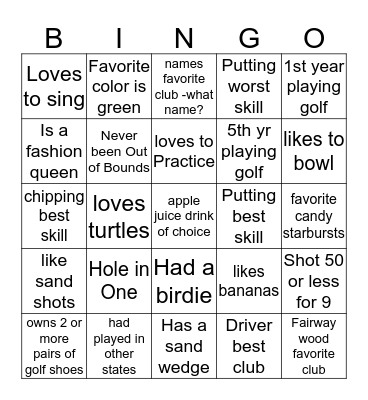 Golf Bingo Card