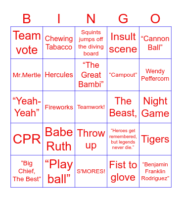 The Sandlot Bingo Card
