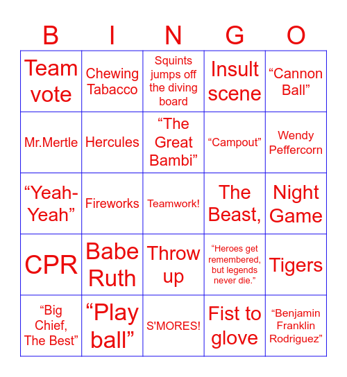 The Sandlot Bingo Card