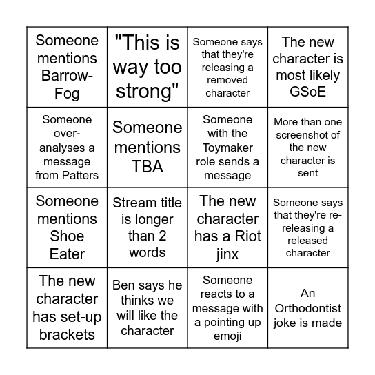 Character Release Bingo Card