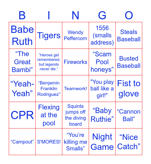 The Sandlot Bingo Card