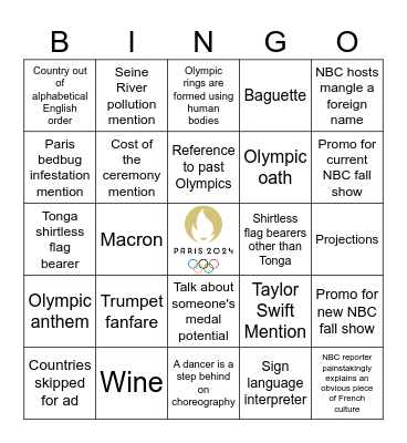 Paris 2024 Opening Ceremony Bingo Card