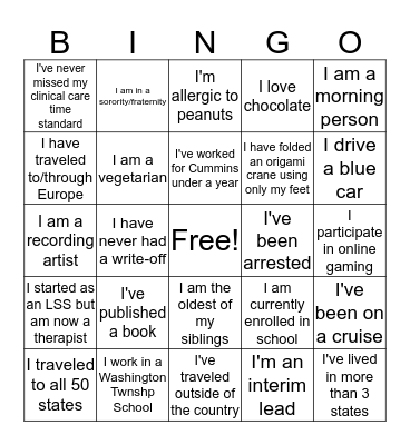 School-based North Bingo Card