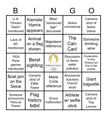 2024 OLYMPICS OPENING CEREMONY Bingo Card