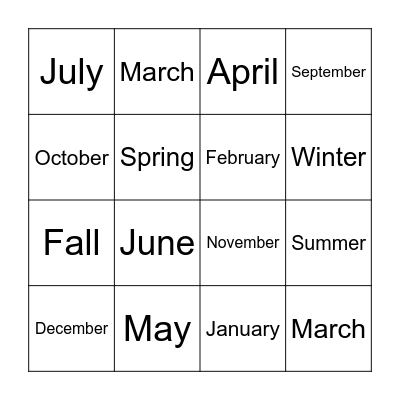 Months and Seasons Bingo Card