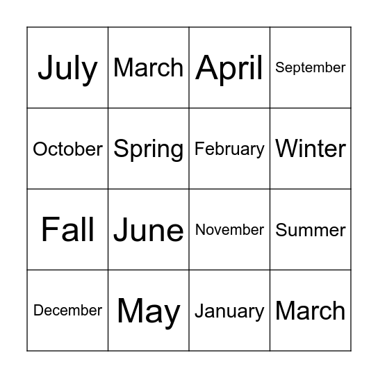 Months and Seasons Bingo Card