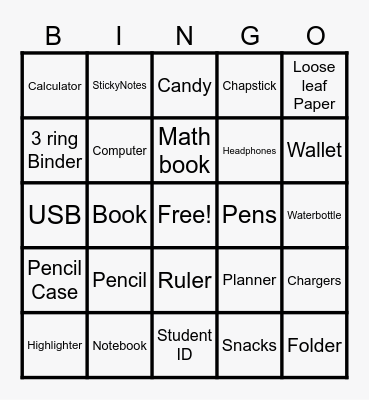 What's in your backpack? Bingo Card