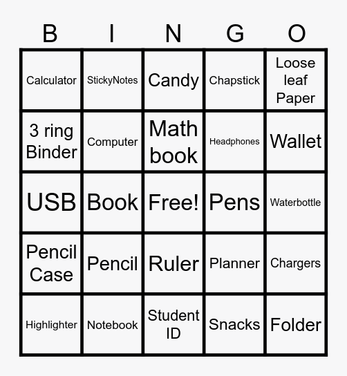 What's in your backpack? Bingo Card