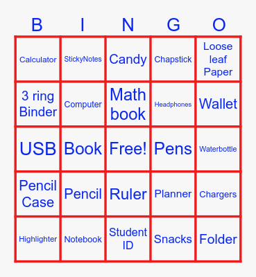 What's in your backpack? Bingo Card