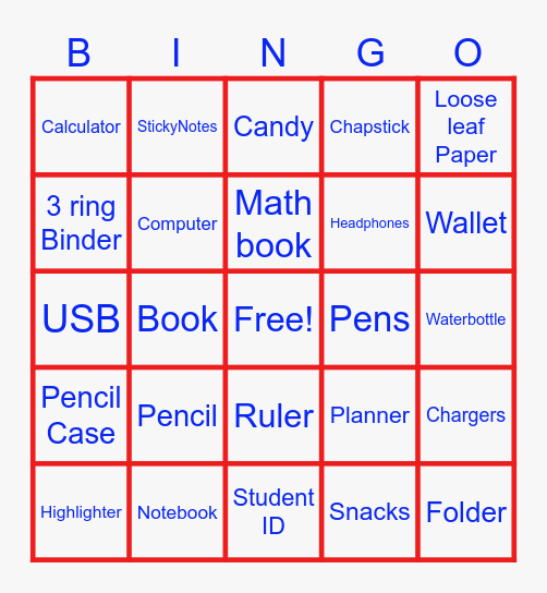What's in your backpack? Bingo Card