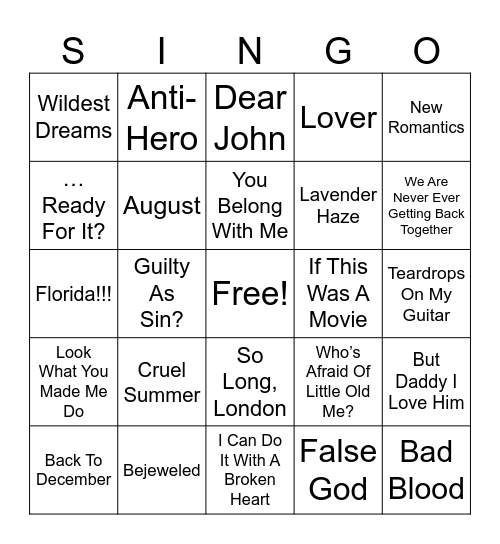 ERAS TOUR Bingo Card