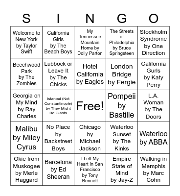 SONGS ABOUT PLACES Bingo Card